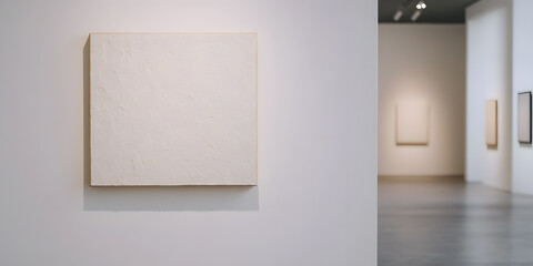 Abstract painting in art gallery. Modern minimalist art on display, white textured canvas on a white wall with other art pieces in the background.