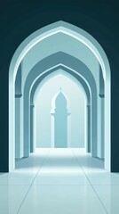 Fototapeta premium Elegant Interior Archway with Soft Blue Light Creating a Serene Atmosphere Perfect for Eid Mubarak, Ramadan Kareem, Muharram, and Iftar Celebrations with Copy Space for Text