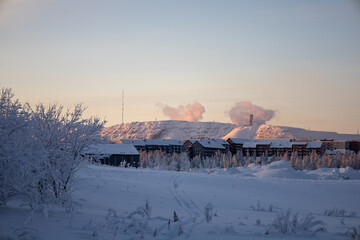 Kiruna, Sweden - January 24, 2025: View the of the new city center of Kiruna in cold weather.