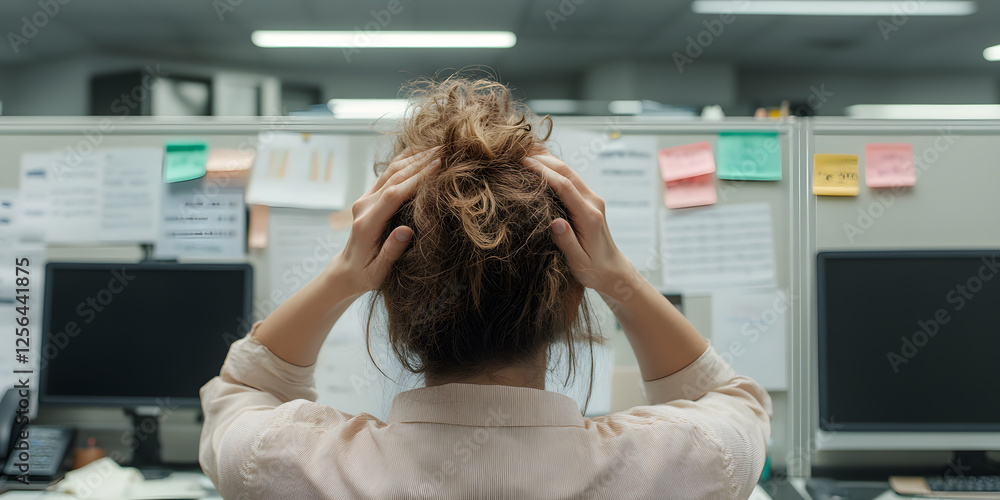 Poster stressed worker in office with hands on head. overwhelmed by work. tense office worker struggles to 