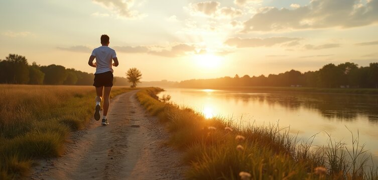Young man runs on path near riverbank in morning sunlight. Male runner, dressed in sportswear, trains outdoor, enjoys nature. Back view of jogger. Healthy active lifestyle concept. Summer season