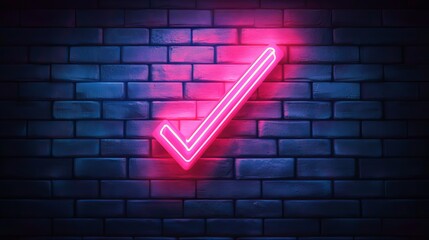 A neon light glow effect featuring a checkbox line icon. The glowing design represents approval, confirmation, or a completed action. Set against a brick wall background