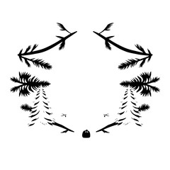 Artistic Black and White Composition: Decorative frame of pine trees, branches, and a small cottage against a white background.