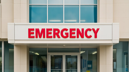 Obraz premium An emergency sign shines brightly above the entrance of a building, signaling a place for urgent care and immediate medical assistance. The building's doors and windows.