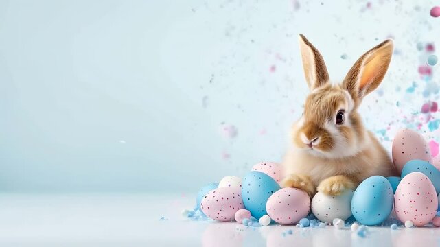 Charming Bunny Surrounded by Colorful Easter Eggs in Spring