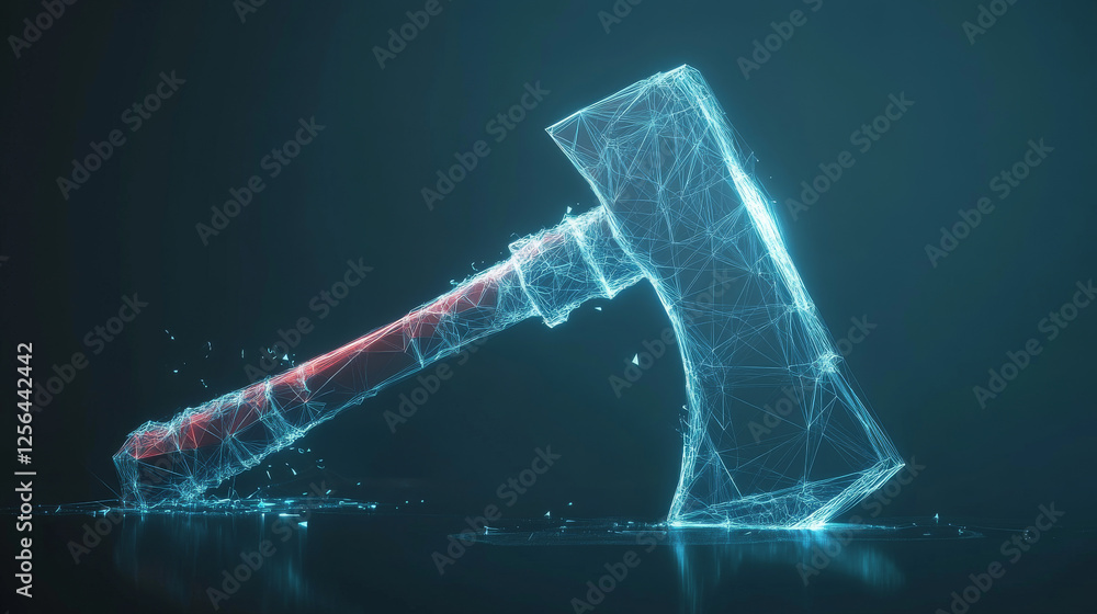 Poster the hologram is an axe. an axe made of polygons, triangles of dots and lines. the axe is a low-poly 