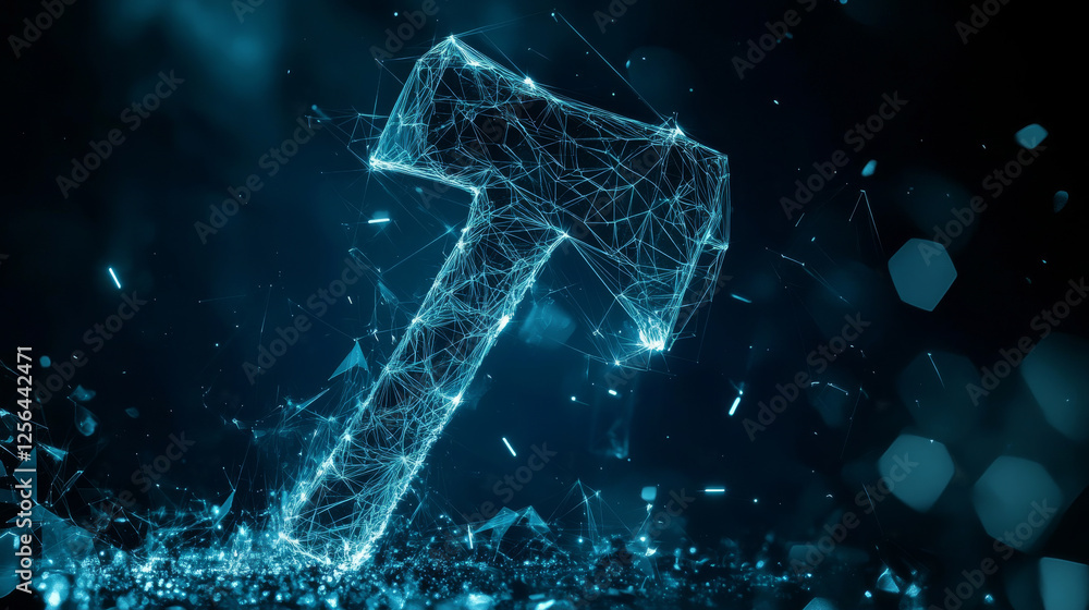 Poster the hologram is an axe. an axe made of polygons, triangles of dots and lines. the axe is a low-poly 