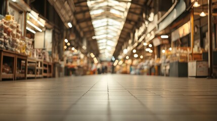 Naklejka premium Indoor market shoppers, bustling atmosphere, tiled floor