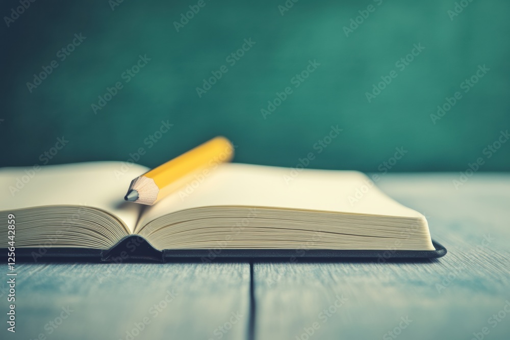 Poster Open notebook with a pencil resting on a bright wooden desk suggesting creative ideas in a spacious workspace. Generative AI