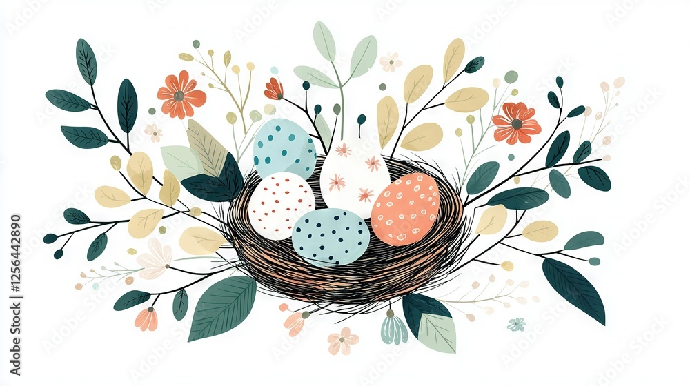 Poster a bird's nest containing eggs is encircled by greenery on a white canvas