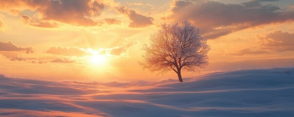Serene winter sunset over snow-covered landscape with lone tree and golden sky