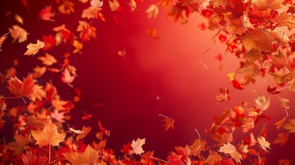 A mesmerizing cascade of red and orange autumn leaves swirling against a gradient red background, creating a warm, seasonal, and dynamic atmosphere. AI generated.