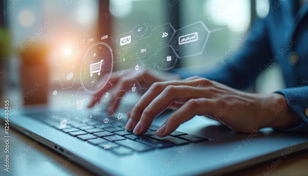 Poster business person integrates omni-channel marketing using laptop. hands typing on keyboard with shoppi