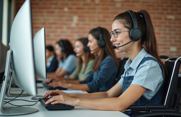Smiling woman in wheelchair works as call center operator. Diverse team gives assistance on customer service helpline using headset at disability friendly office. People work at helpdesk,