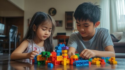 Elder brother and younger sister playing with toy building blocks in the living room, enjoying creative games and sibling bonding