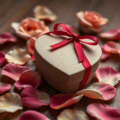 Heart-Shaped Gift Box Amidst Rose Petals: Romantic Rustic Still
