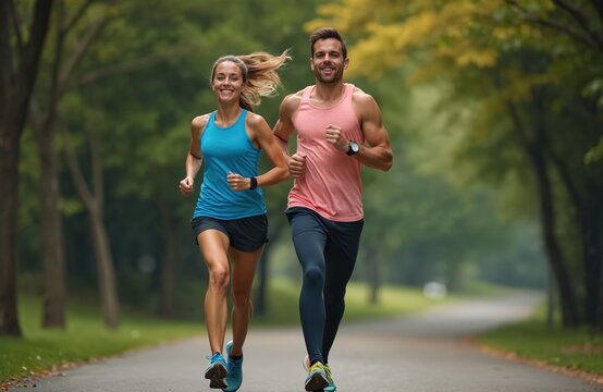 Athletic couple runs on road in park. Man, woman jogging wearing sport clothes. Active lifestyle, fit, healthy concept. Road with trees background, urban runner. Couple goals. Happy family exercise.