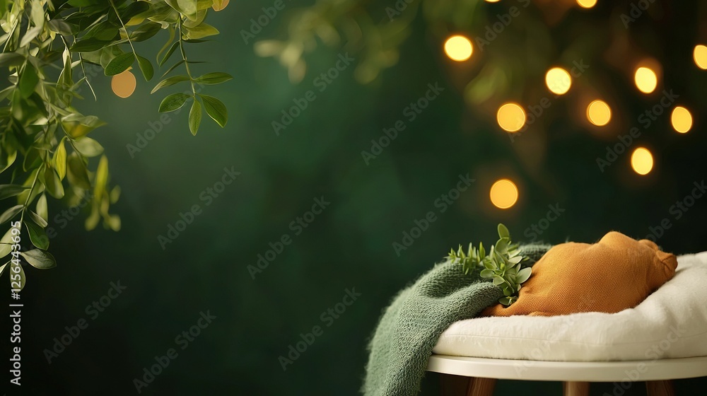 Poster close-up of a person lying on a stool under a blanket in front of a book of lights with a plant near