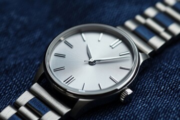 Silver watch with a blue band sits on a blue denim background