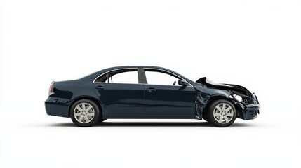 Naklejka premium Wrecked dark blue sedan with crumpled front end, highlighting vehicular damage and collision impact against clean white backdrop
