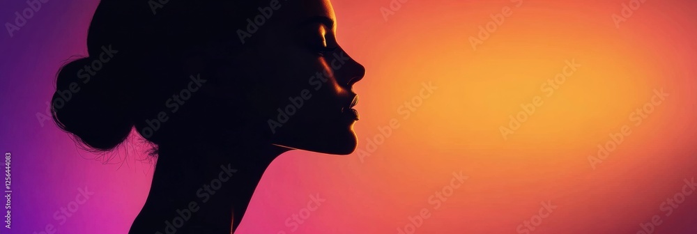 Poster silhouette of a model against a glowing sunset background with minimalist style and space for text. 