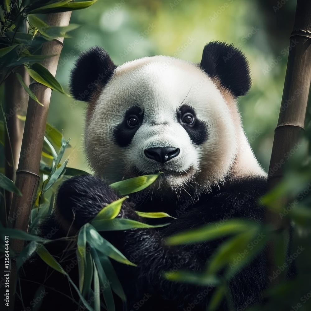 Leinwandbilder Beautiful panda enjoying bamboo in a lush forest with plenty of space for text and information. Generative AI