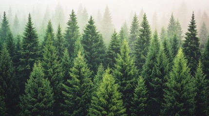Fototapeta premium Dense evergreen pine forest shrouded in mystical morning fog, revealing misty layered landscape with ethereal atmospheric depth and tranquil woodland silence