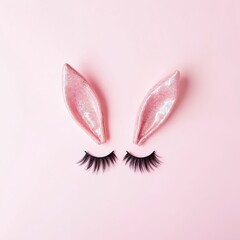 Minimal Easter concept with bunny ears, lashes on pastel pink background. Surreal glitter ears, false eyelashes composition. Modern pink aesthetic cosmetic layout. Empty place for greeting text,