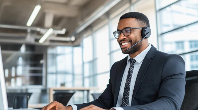 Professional african american consultant wearing headset, working on laptop in bright office, delivering seamless customer support with corporate confidence