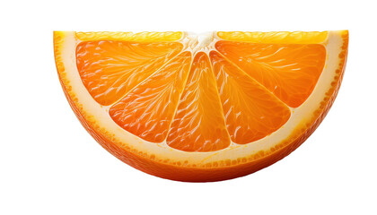 Juicy orange slice isolated on transparent background showing pulp and peel