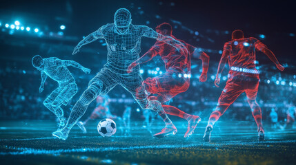Football hologram. Digital and technological background of football. Football players are fighting for the ball