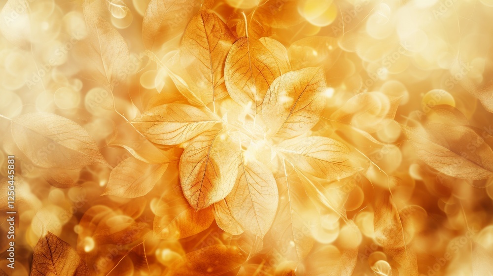 Poster radiant golden autumn leaves surrounded by a sparkling bokeh effect, creating an ethereal and serene