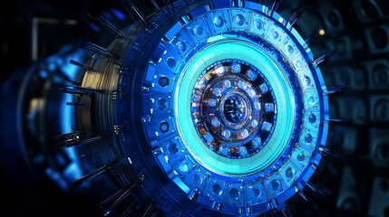 Fototapeta premium Archer of the particles. Archer consists of dots and circles. Blue Archer on dark background