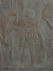 Reliefs from the tomb of Ptahhotep showing daily activities such as offerings, hunting, fishing and agricultural activities and sports in Saqqara in Egypt	