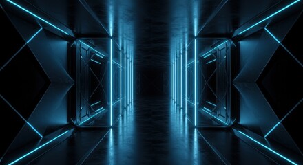 A high-tech futuristic hallway illuminated with vibrant blue neon lights