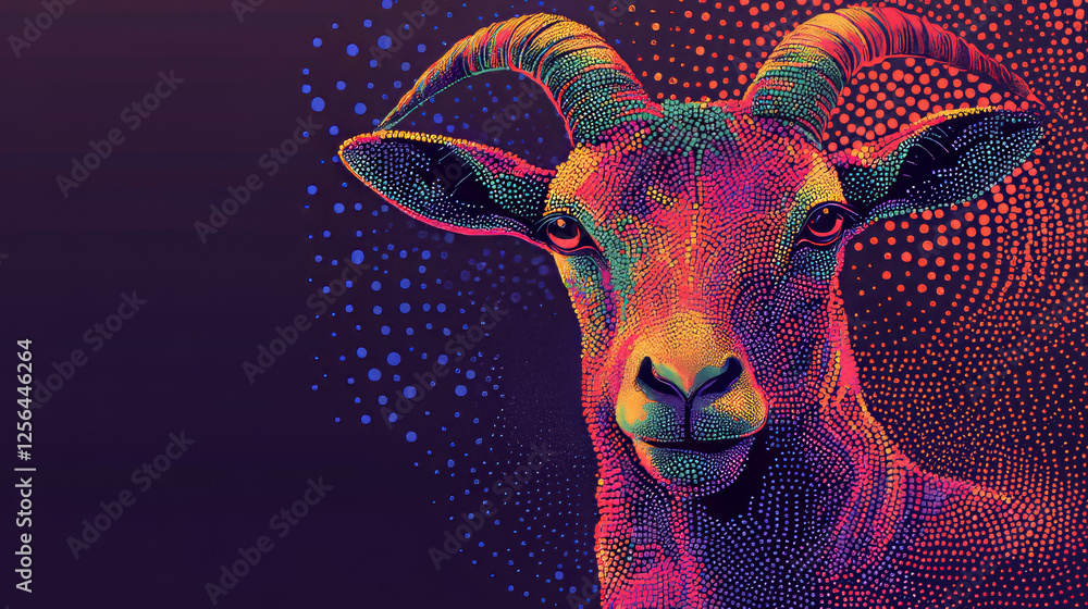 Poster goat of the particles. the goat consists of circles and points. vector illustration