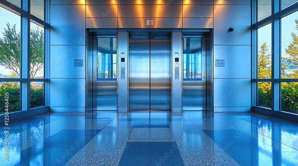 Poster modern elevator installation with large windows