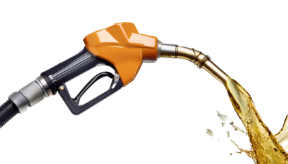 Fuel nozzle pouring gasoline on transparent background