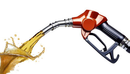 Fuel nozzle pouring liquid with splashes on transparent background