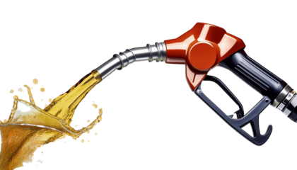 Fuel nozzle pouring liquid with splashes on transparent background