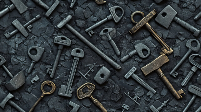 Vector seamless pattern of hammer and key