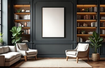 Modern reading room mockup with empty frame on dark wall between bookshelves. Armchairs near blank canvas. Template background for poster, interior art. Copy space between luxury furniture.