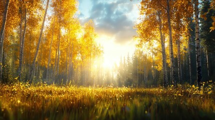 Obraz premium Golden autumn sunset in birch forest; peaceful nature scene