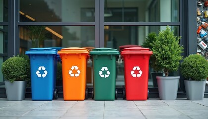 Recycling bins stand near office building. Symbol promote workplace eco responsibility, waste sorting. Blue, orange, green, red containers. Plants in pots besides bins. Waste management,