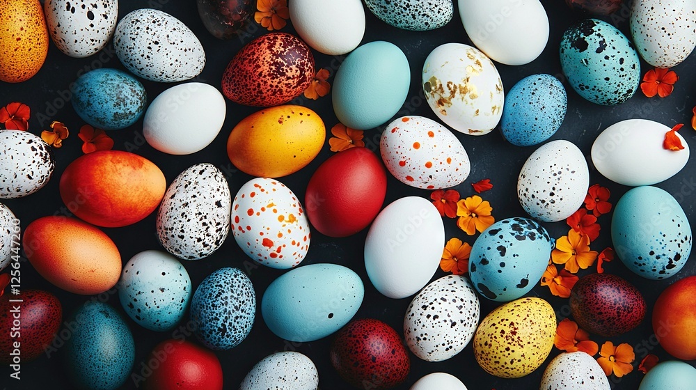 Aufkleber a cluster of multi-colored eggs adorned with speckles and featuring an orange bouquet rests atop a d