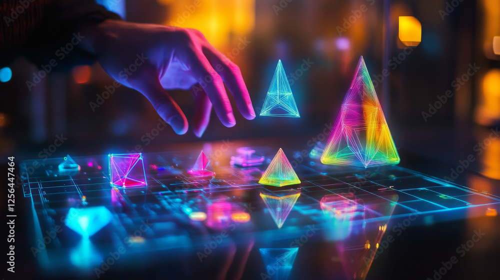 Poster hologram game. the controller of polygons, triangles, dots and lines. joystick is a low poly connect