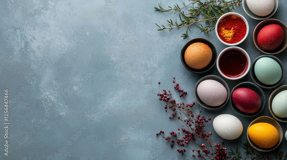 Poster a colorful array of eggs sits atop a table, accompanied by a sprig of vibrant red berries and a frag