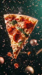 Floating Pepperoni Pizza Slice in Cosmic Space &ndash; Gourmet Italian Food with Melting Cheese and Dramatic Lighting
