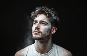 Fototapeta premium Portrait of charismatic young man covered in white powder looking up over dark background. Stylish male model posing art performance. Beauty concept, fashion shoot, expressive visual. Hair styling