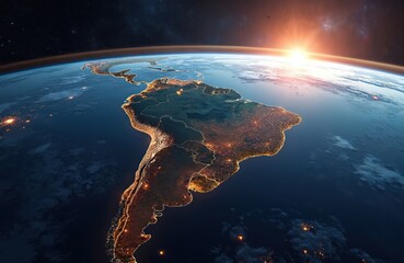 South America at sunrise seen from space. Planet Earth with forest cover, big city lights. The continent outline, political borders, cartography, administrative map from above.